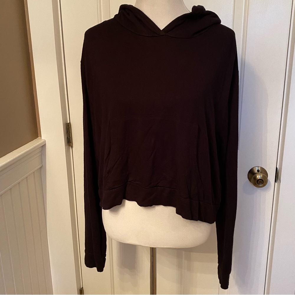 JOAH BROWN TOP HOODIE SWEATSHIRT BLACK KANGAROO POCKET LONG SLEEVE SIZE M/L
